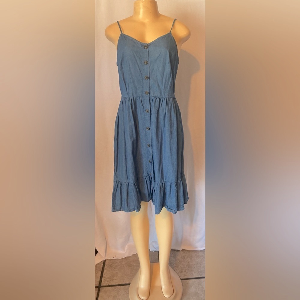 A-Line Blue Denim Spaghetti Strap MIDI Dress